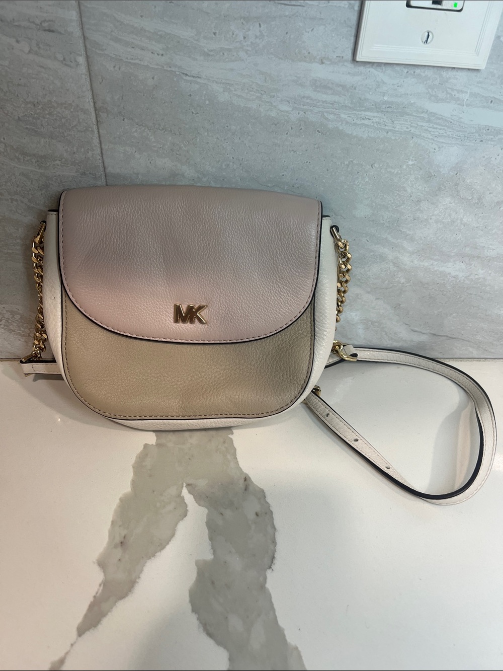 Michael Kors Two-Tone Light Pink and Taupe Leather Crossbody with Gold Hardware